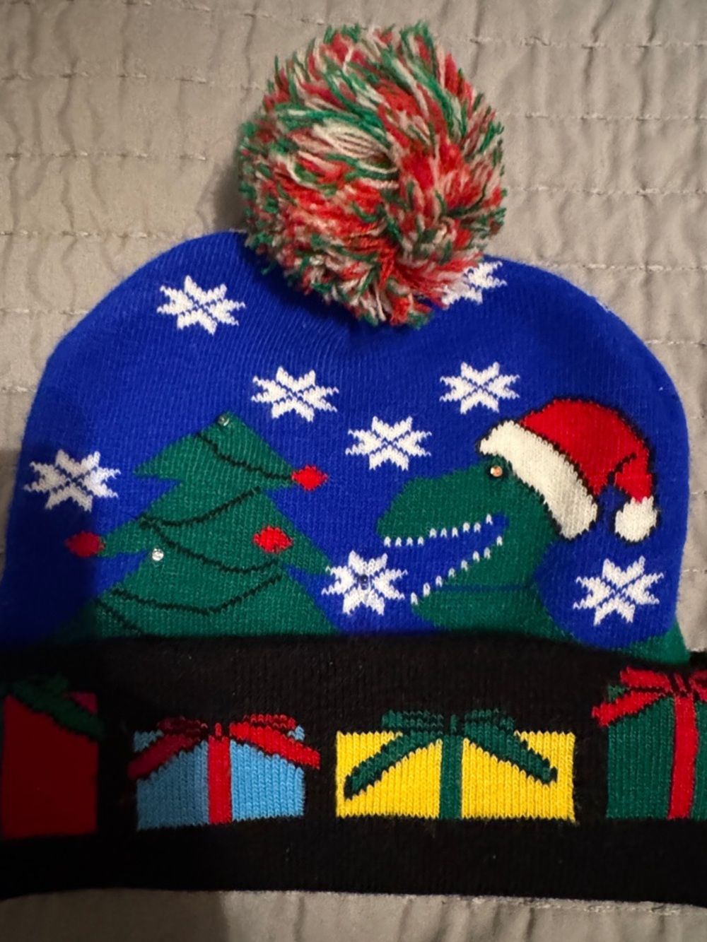Kids Holiday Dinosaur Knit Pom Beanie - Blue/Green